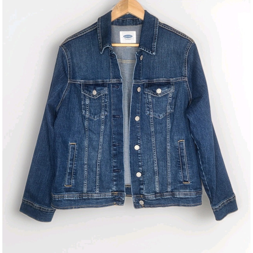 Old Navy Womens Stretch Button Up Medium Wash Trucker Denim Jean Jacket Blue XL
